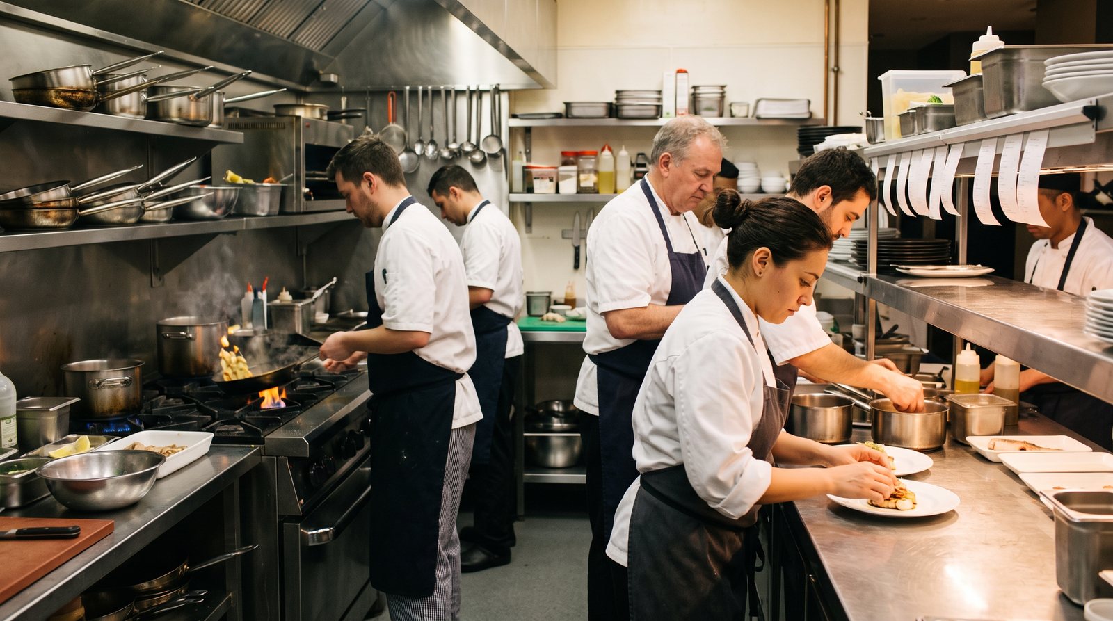 Brigade au travail dans la cuisine d'un restaurant